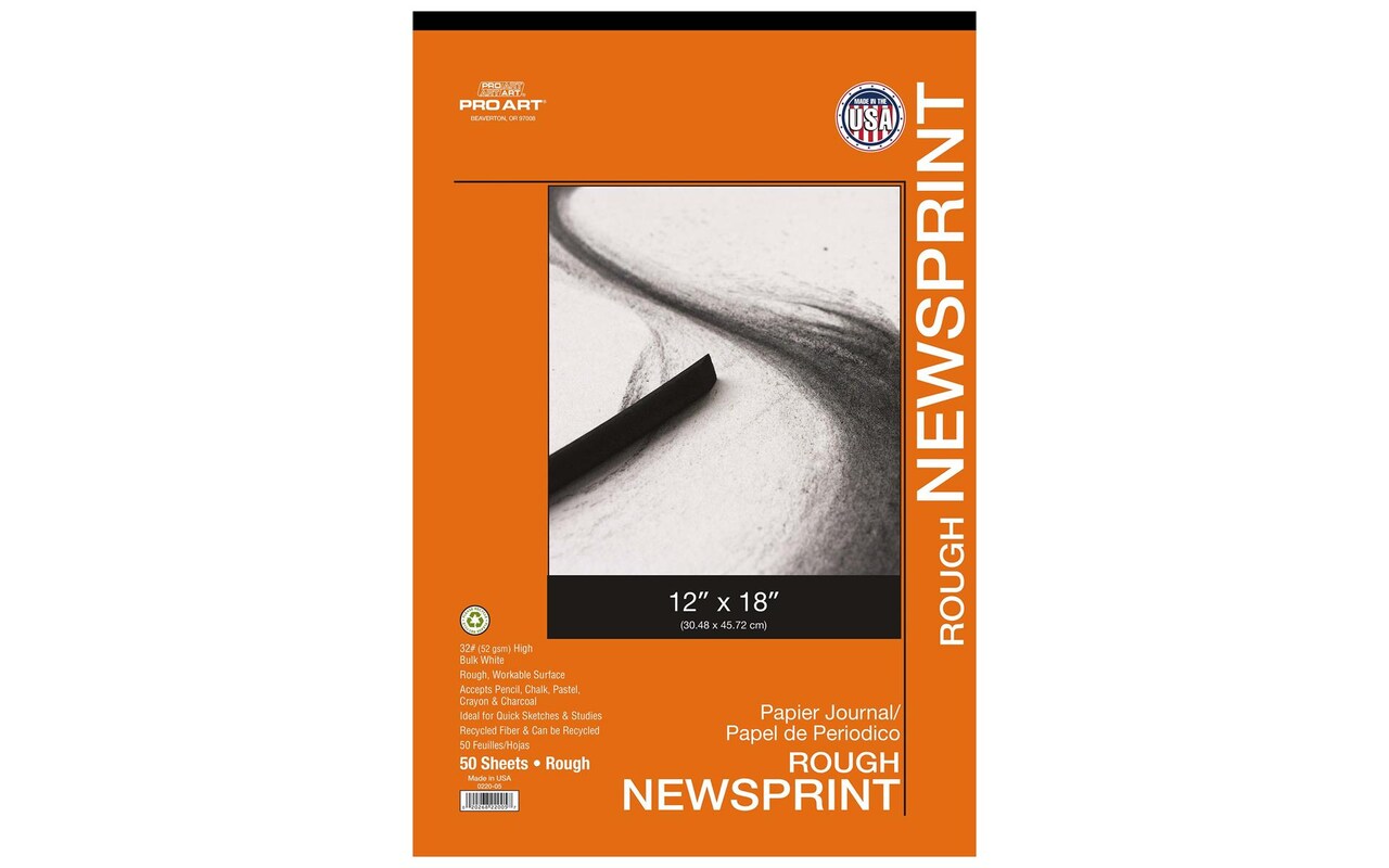 PRO ART Newsprint Paper Pad, 12-inch x 18-inch, 32lb, 50 sheets, Natural Color Newspaper Sketch & Drawing Paper, High Bulk Rough Finish